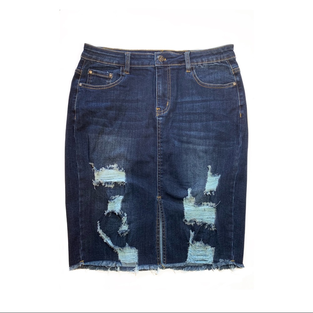 Distressed & Ripped Denim Skirt w/ Slit